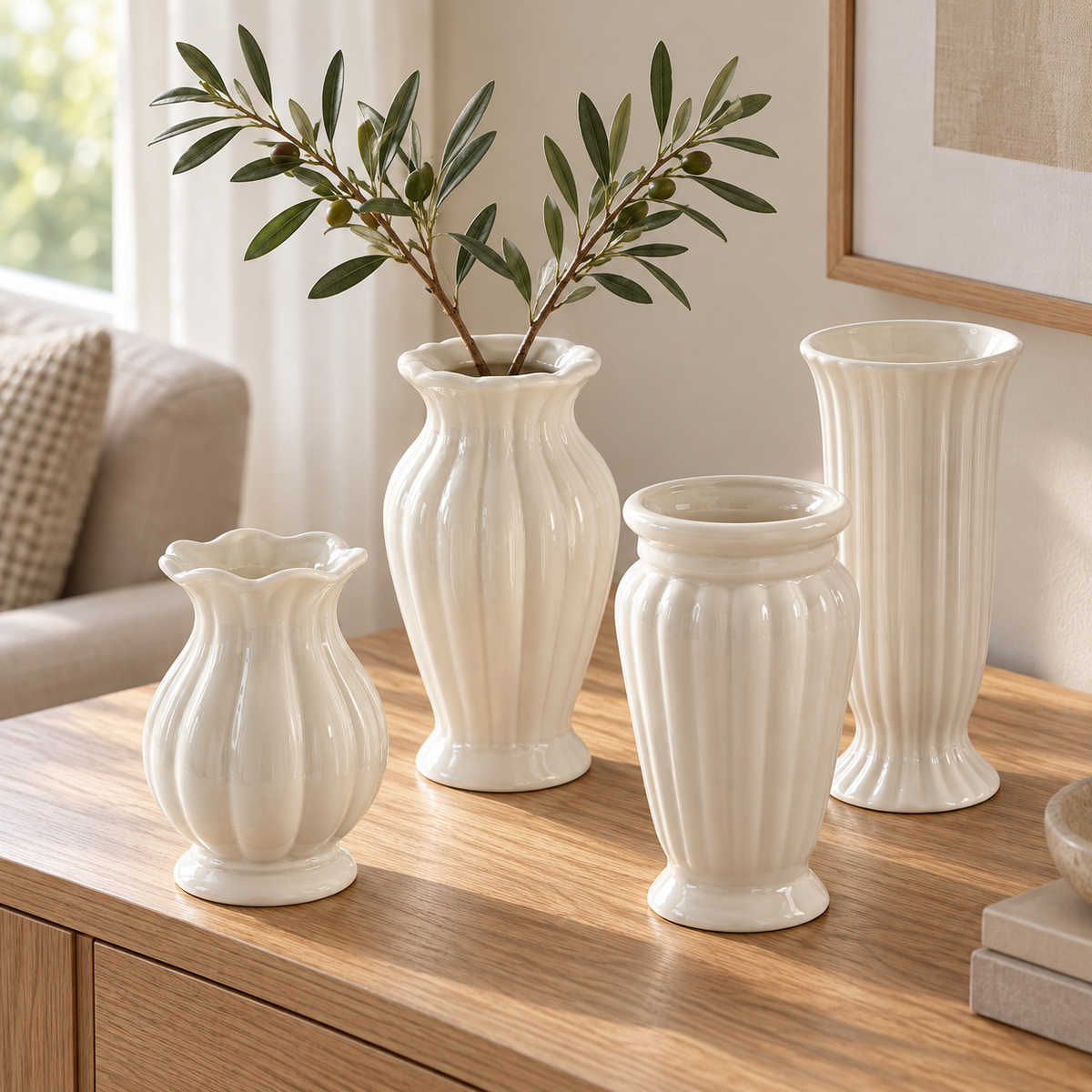 Cream White Ribbed Ceramic Vase – Four Classic Styles
