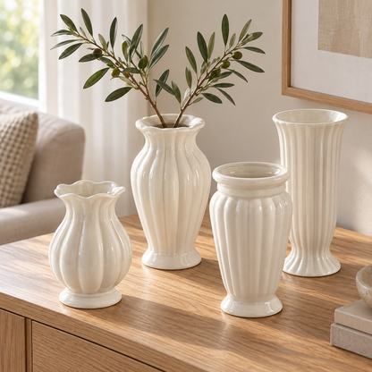 Cream White Ribbed Ceramic Vase – Four Classic Styles