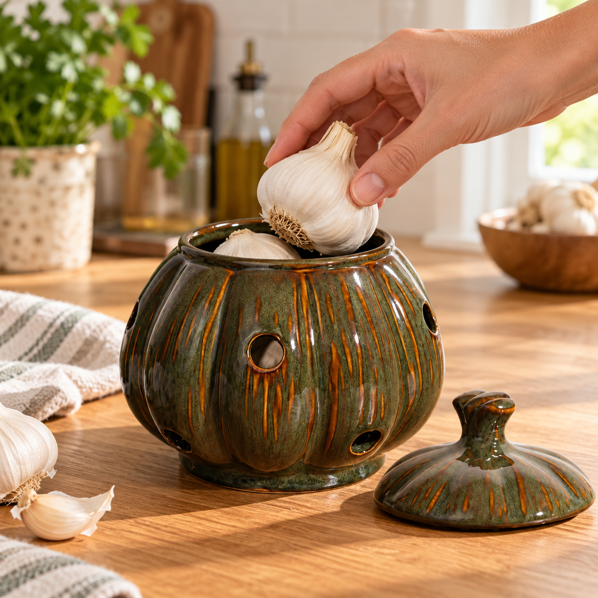 Garlic-Shaped Ceramic Garlic Keeper with Lid