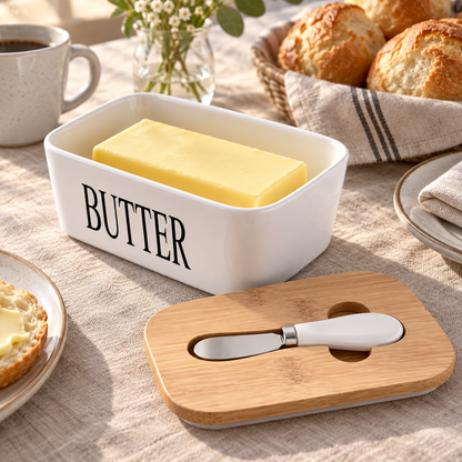 White Ceramic Butter Dish with Bamboo Lid & Knife