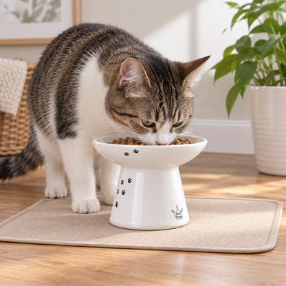 White Ceramic Elevated Cat Bowl – Wide & Shallow Design