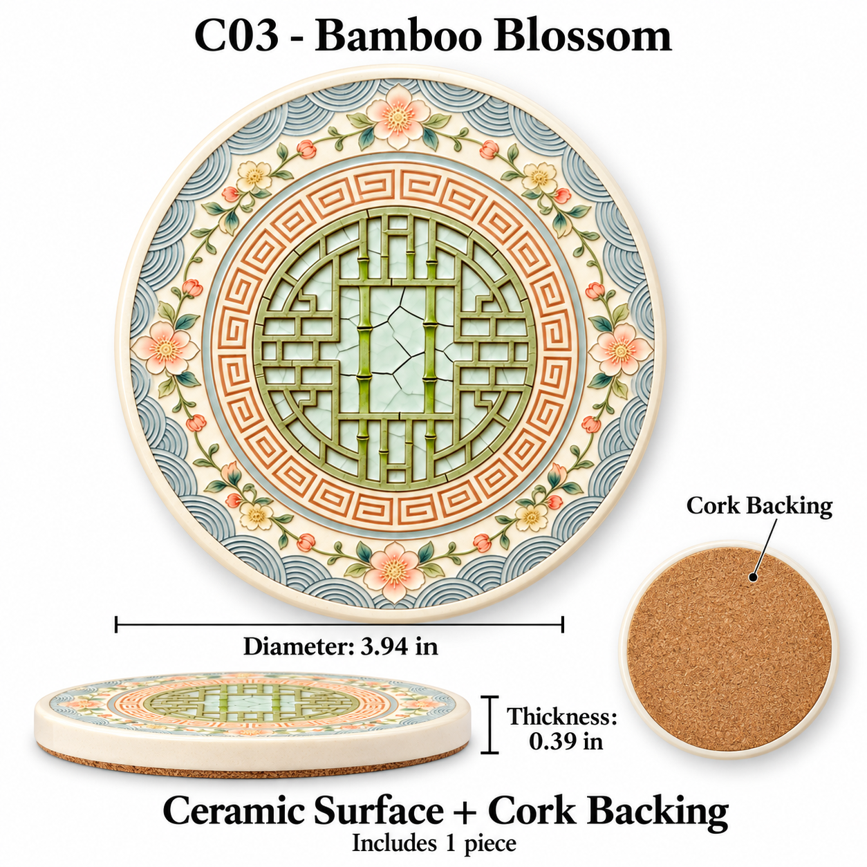 Decorative Ceramic Coaster with Cork Backing – Four Designs