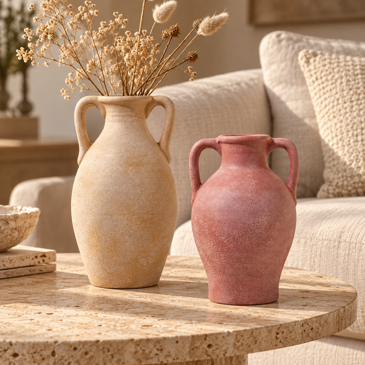 Warm Ivory Textured Ceramic Vase with Twin Handles