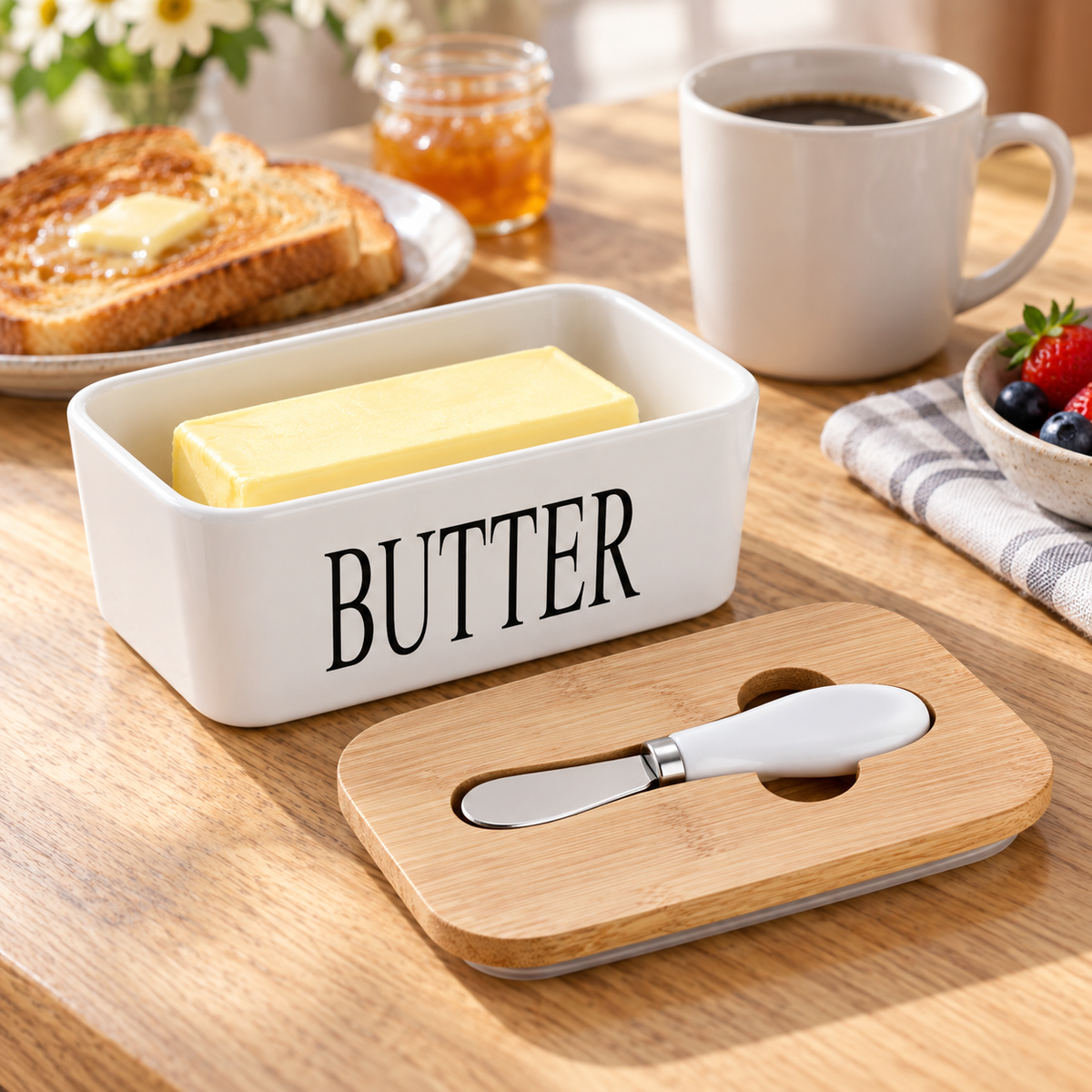 White Ceramic Butter Dish with Bamboo Lid & Knife