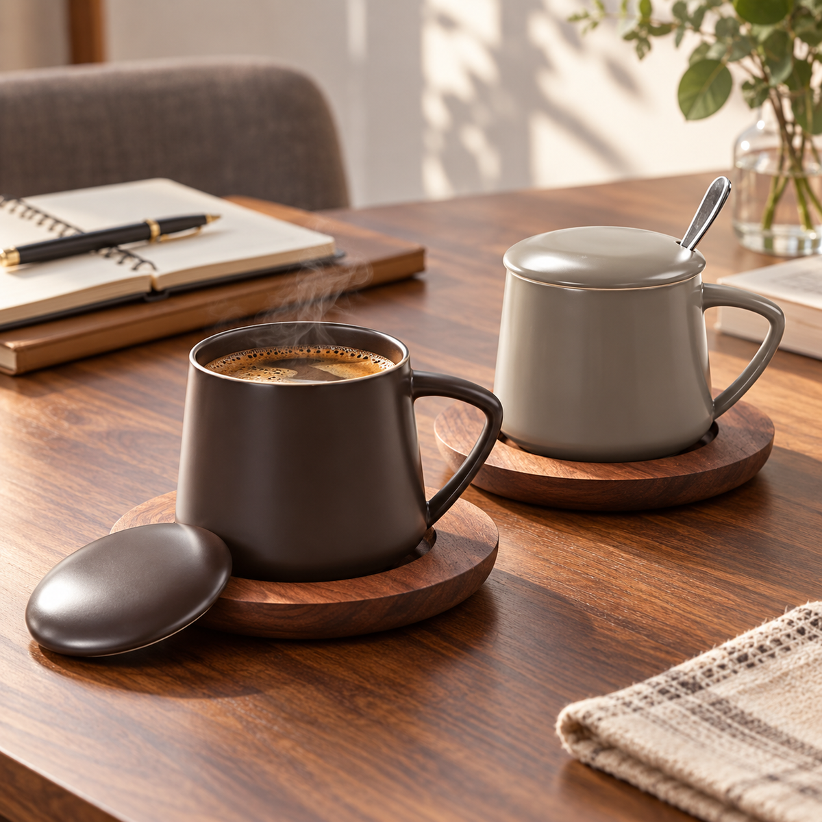 Ceramic Mug Gift Set with Lid, Spoon & Wooden Saucer – 450 mL