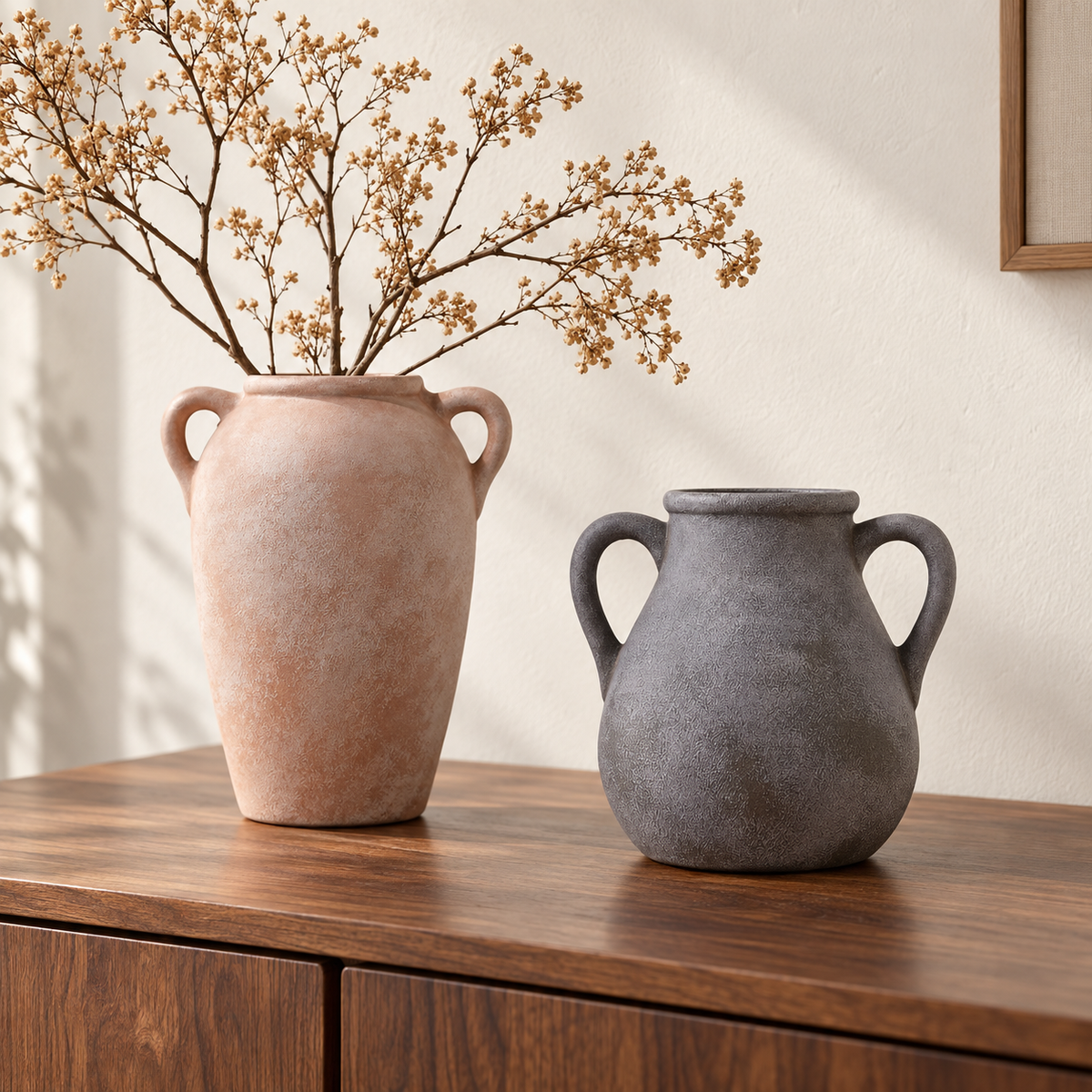 Warm Ivory Textured Ceramic Vase with Twin Handles