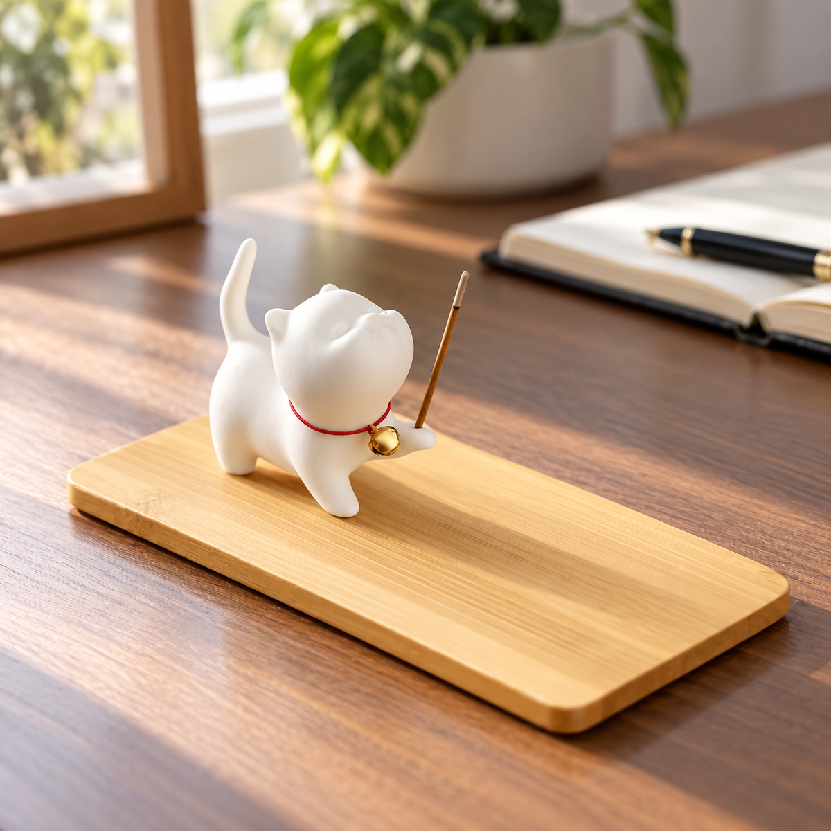 White Ceramic Cat Incense Holder – With or Without Tray