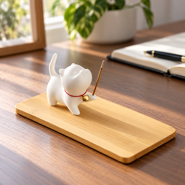 White Ceramic Cat Incense Holder – With or Without Tray
