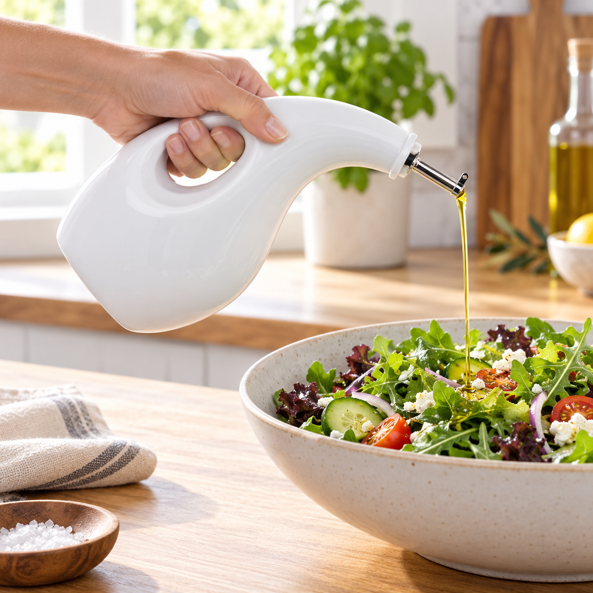 White Ceramic Olive Oil Dispenser with Integrated Handle