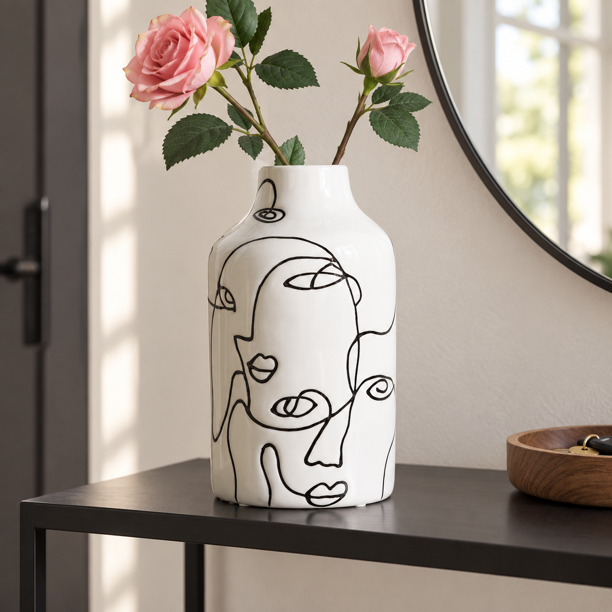 Abstract Face Line Art Ceramic Vase – Black & White