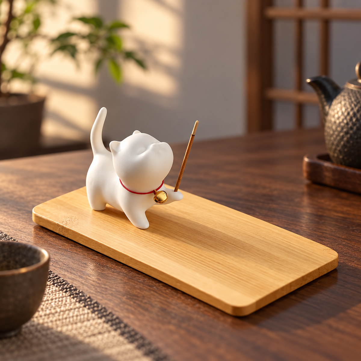 White Ceramic Cat Incense Holder – With or Without Tray