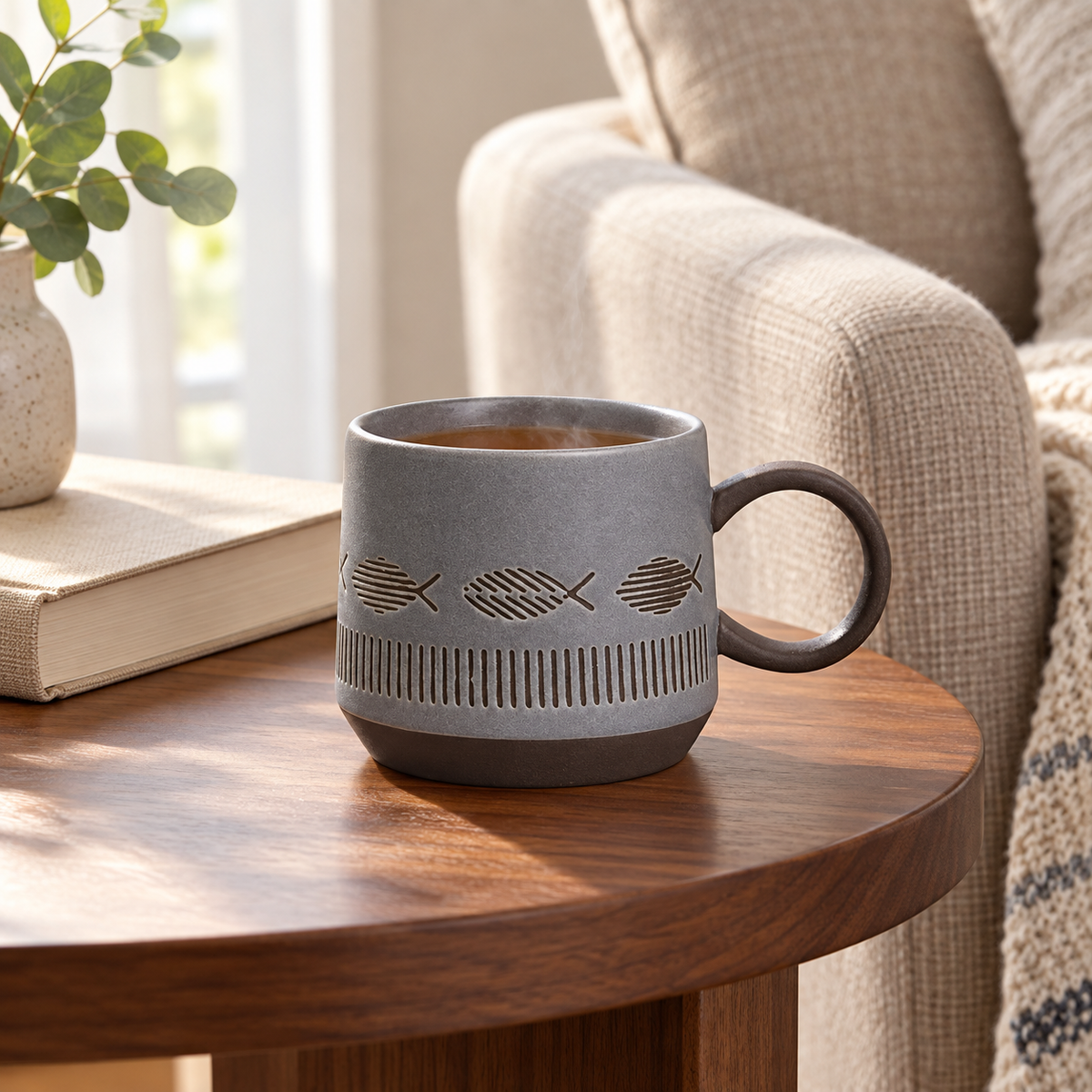 Textured Ceramic Fish Mug – Matte Grey, 450 mL