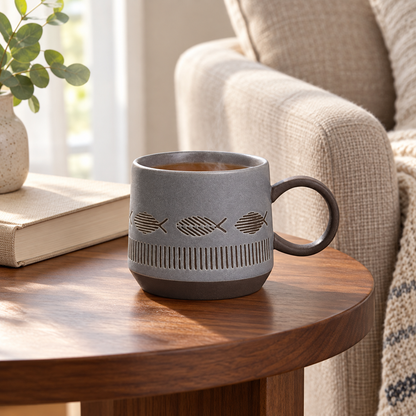 Textured Ceramic Fish Mug – Matte Grey, 450 mL