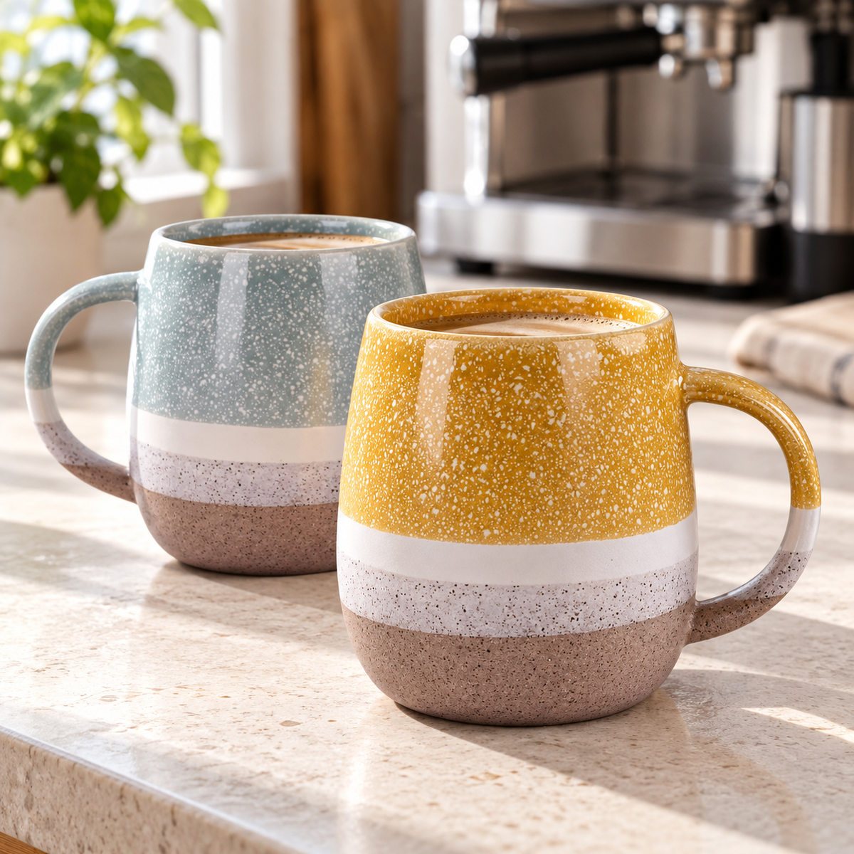 Speckled Ceramic Coffee Mug, 350 ml – Mustard Yellow & Blue Gray