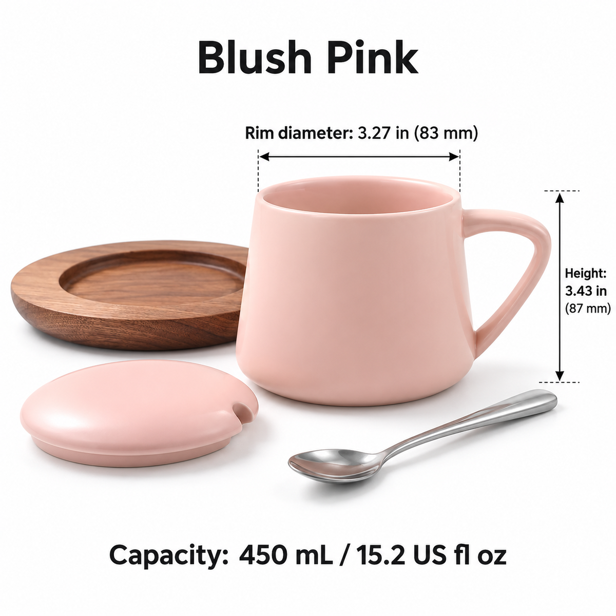 Ceramic Mug Gift Set with Lid, Spoon & Wooden Saucer – 450 mL