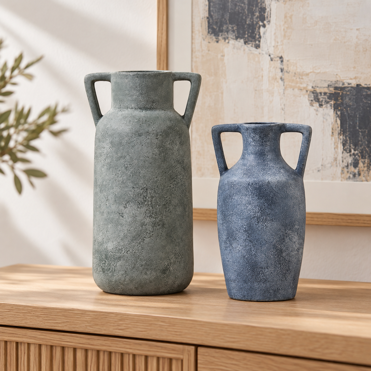 Warm Ivory Textured Ceramic Vase with Twin Handles