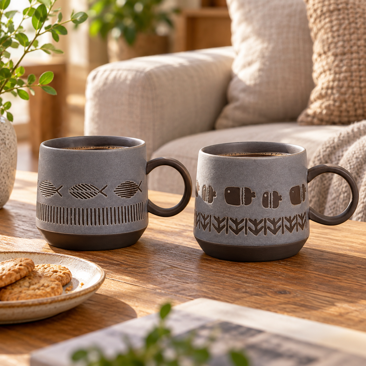 Textured Ceramic Fish Mug – Matte Grey, 450 mL