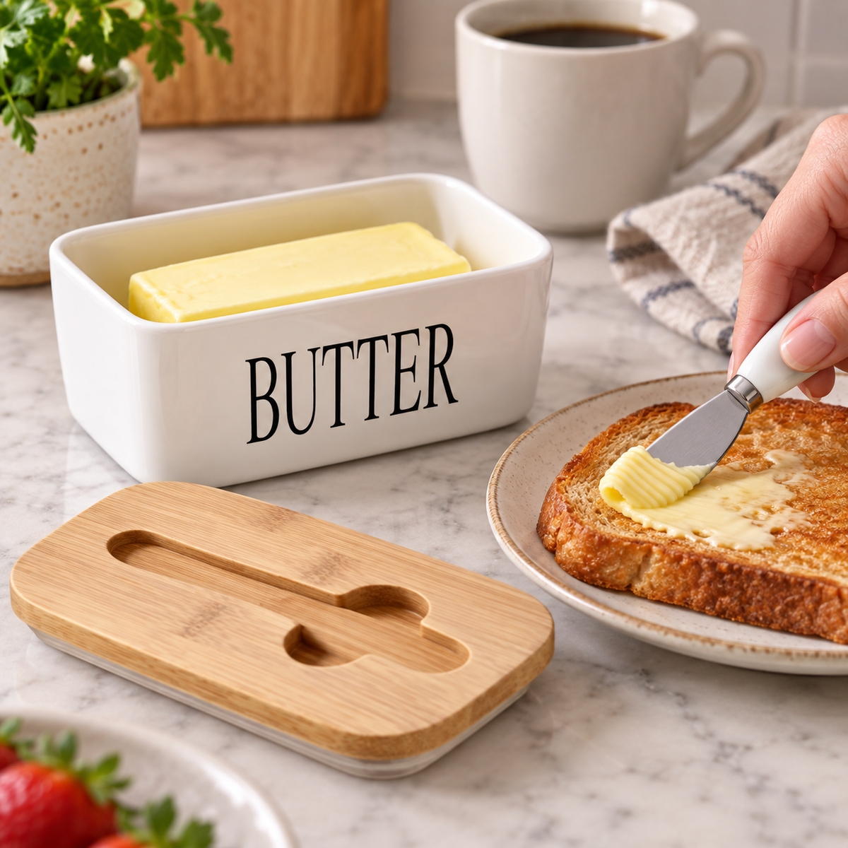 White Ceramic Butter Dish with Bamboo Lid & Knife