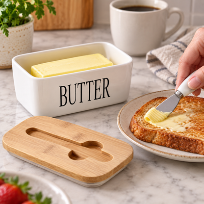 White Ceramic Butter Dish with Bamboo Lid & Knife