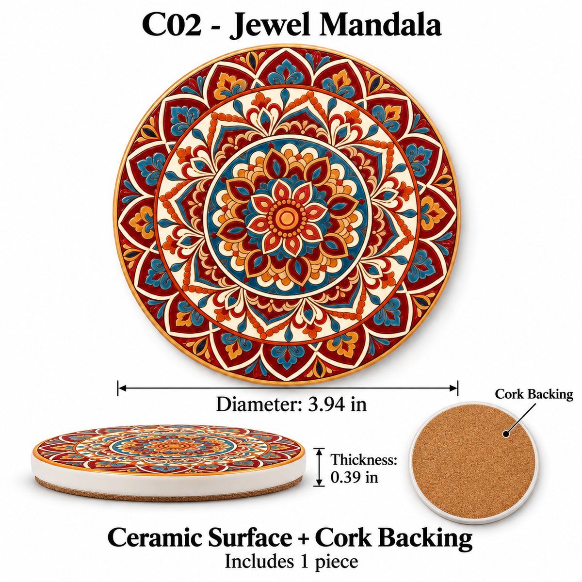 Decorative Ceramic Coaster with Cork Backing – Four Designs