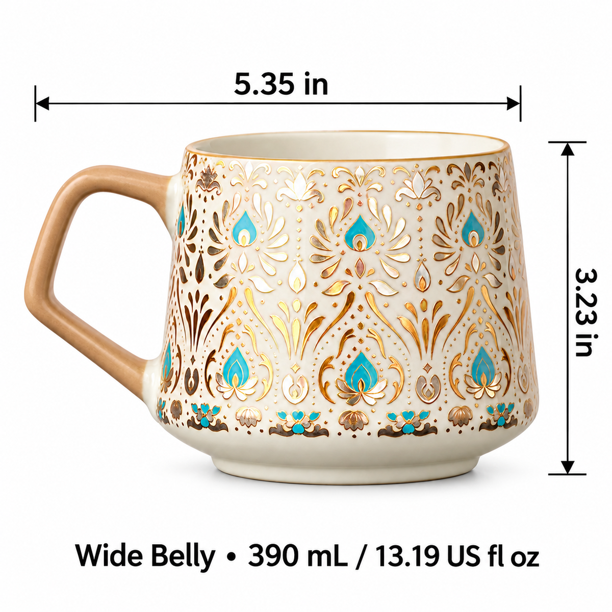 Ornate Ceramic Coffee Mug – Gold & Turquoise Feather Design