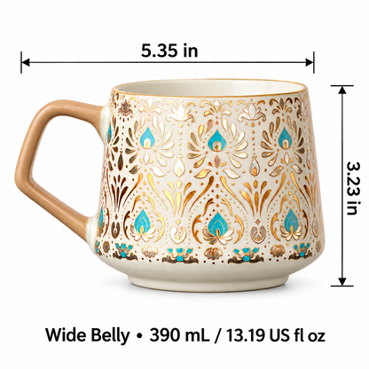 Ornate Ceramic Coffee Mug – Gold & Turquoise Feather Design