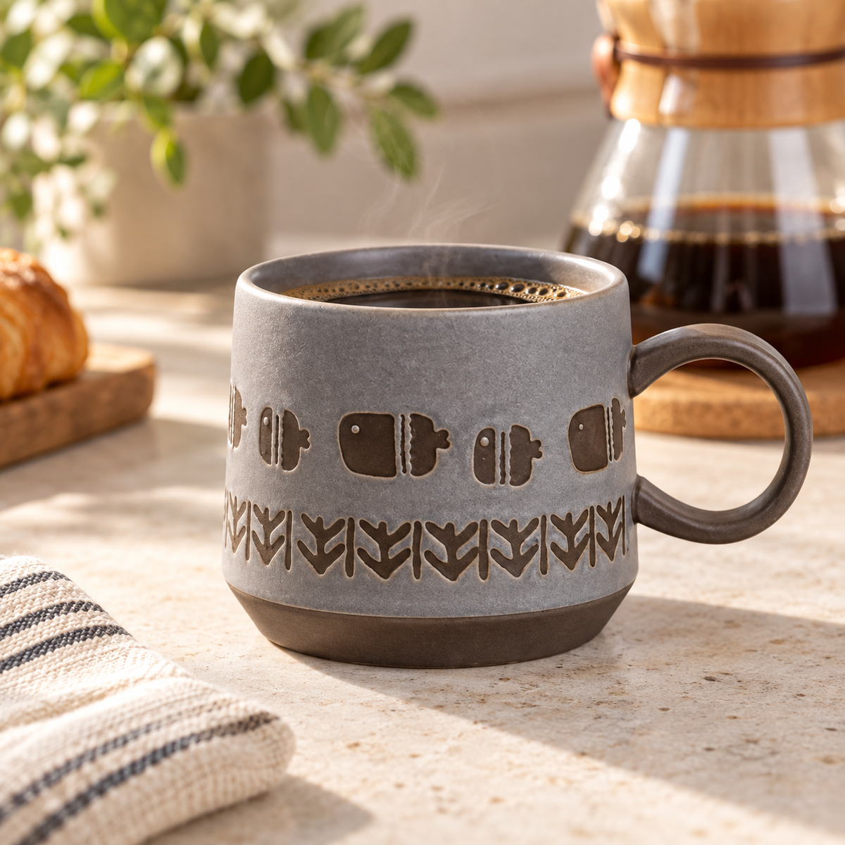 Textured Ceramic Fish Mug – Matte Grey, 450 mL