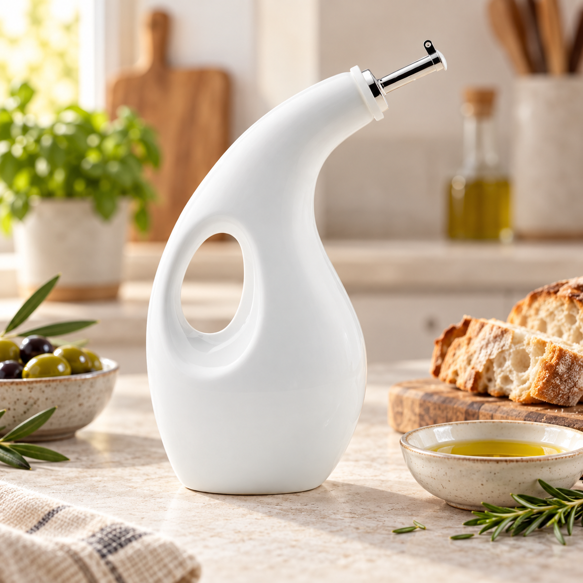 White Ceramic Olive Oil Dispenser with Integrated Handle