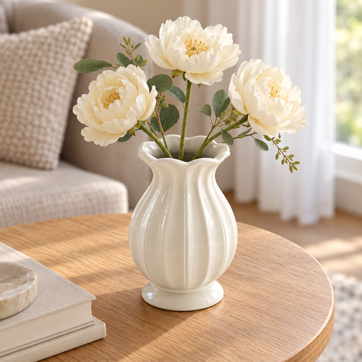 Cream White Ribbed Ceramic Vase – Four Classic Styles