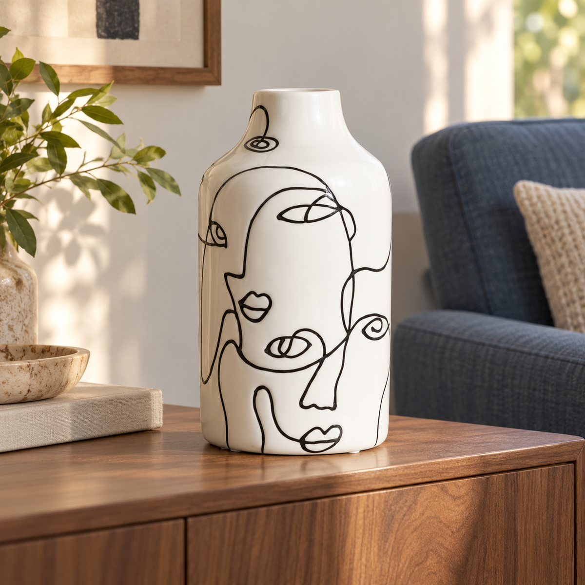 Abstract Face Line Art Ceramic Vase – Black & White