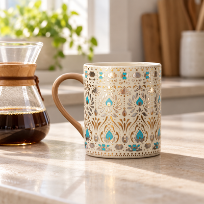 Ornate Ceramic Coffee Mug – Gold & Turquoise Feather Design