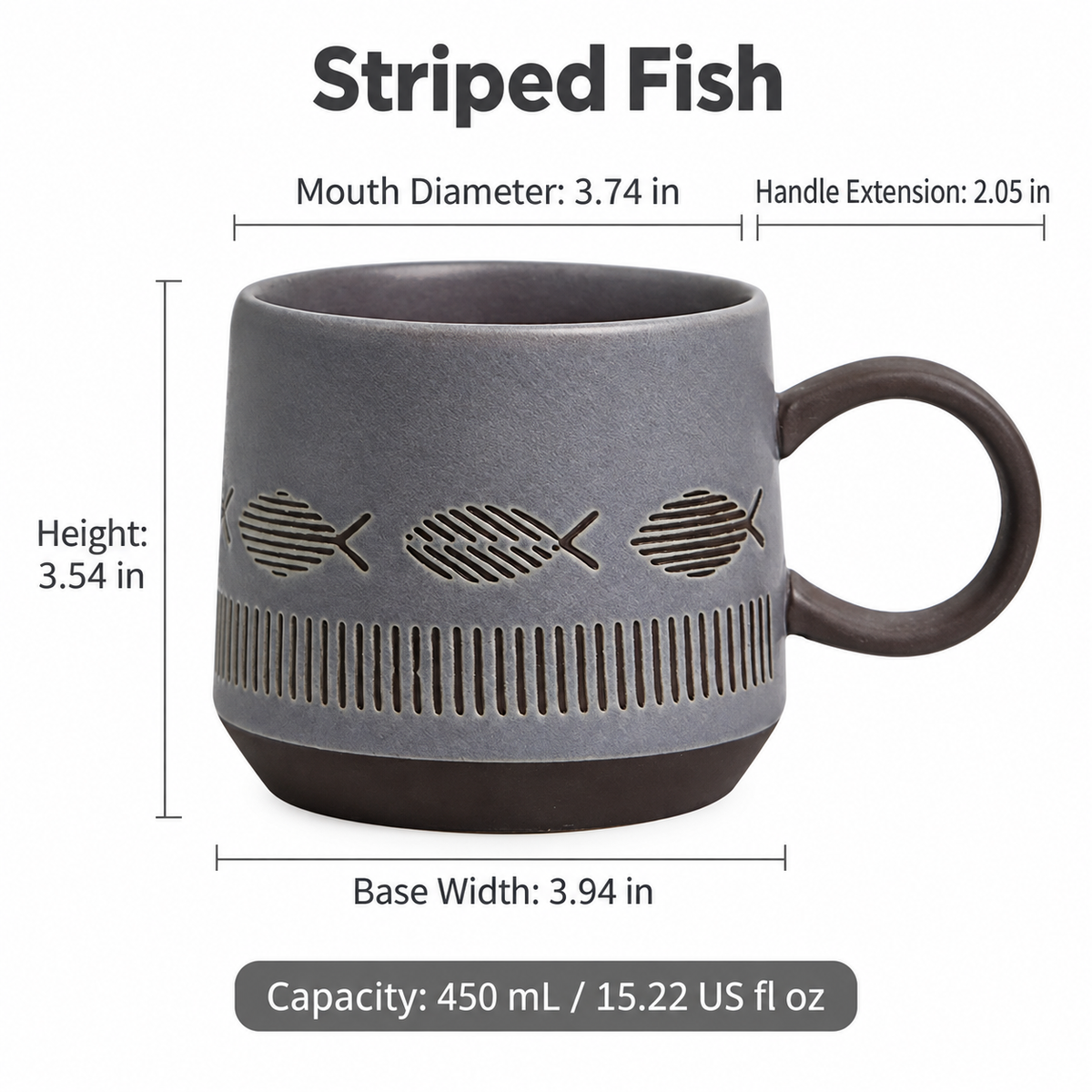 Textured Ceramic Fish Mug – Matte Grey, 450 mL