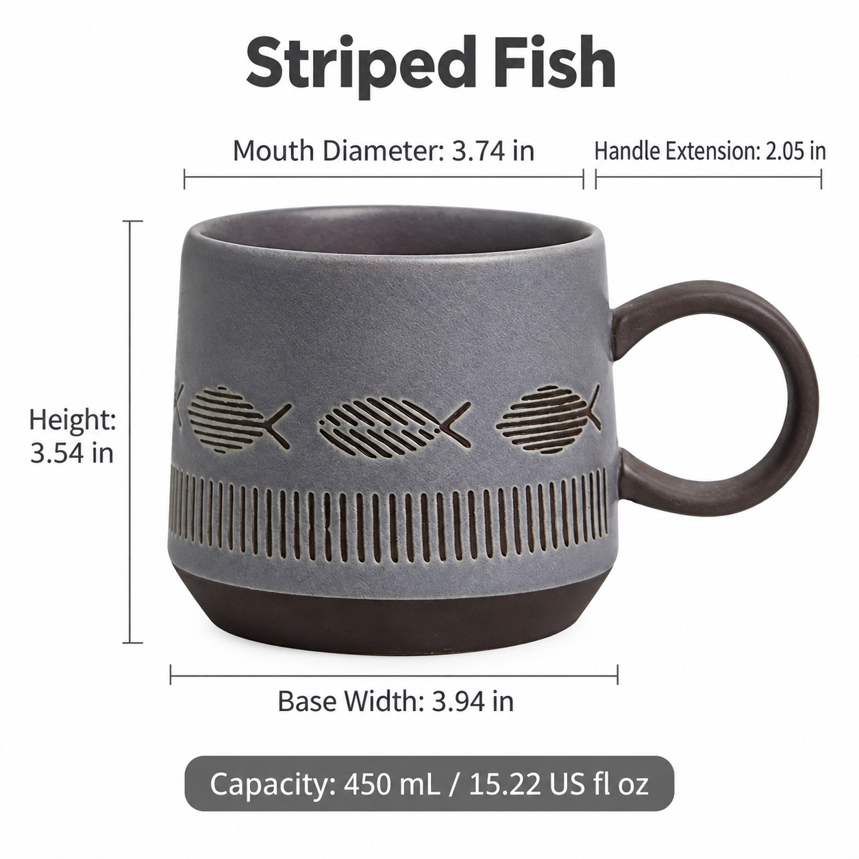 Textured Ceramic Fish Mug – Matte Grey, 450 mL