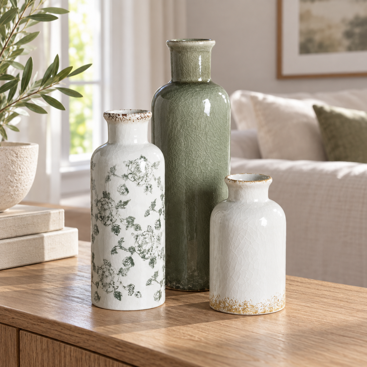 Ceramic Vase Set of 3 – Green & White or Blue