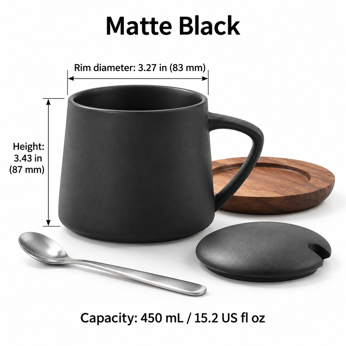 Ceramic Mug Gift Set with Lid, Spoon & Wooden Saucer – 450 mL