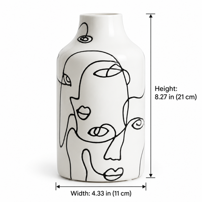 Abstract Face Line Art Ceramic Vase – Black & White